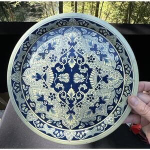 Beautiful Vintage Metal Serving Tray Marked Delft Blue Green Holland 10" -A52